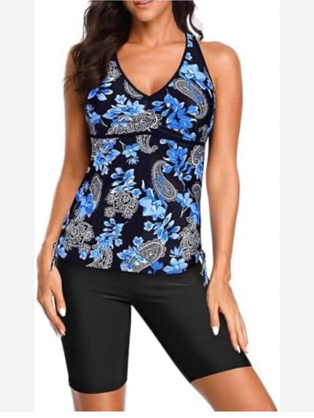 Younique Halter Tank Top with Blue Floral Paisley Print and Black Swim Shorts